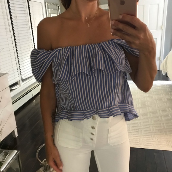 lily brown Tops - Lily Brown blue white off the shoulder shirt small